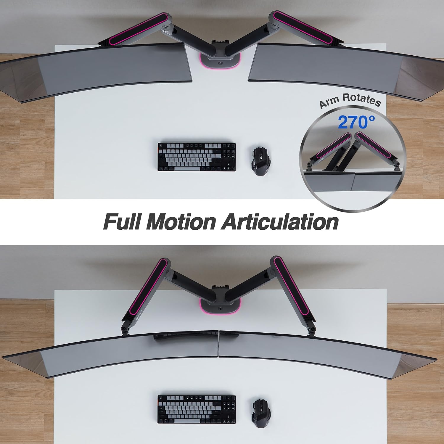 AVLT Dual 27'-43' RGB Gaming Monitor Arm Desk Mount Built-in 20 Lighting Modes Touch Button Control Fits Flat/Curved/Ultrawide Screen Height Swivel Tilt Rotation Adjustable Monitor Stand -Dark Gray