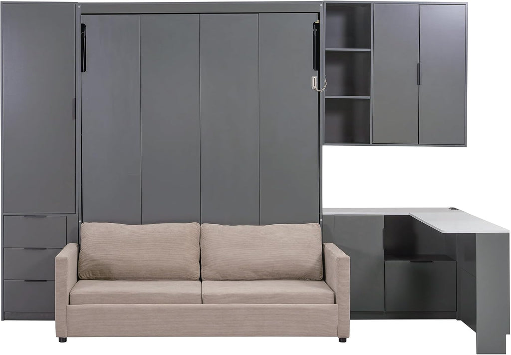 Merax Queen Size Wood Murphy Bed with Upholstered Sofa & Desk, Multifunctional Foldable Wall Platform Bed w/USB Charging Station for Guest-Room, Bedroom, Space Saving, Gray +Beige