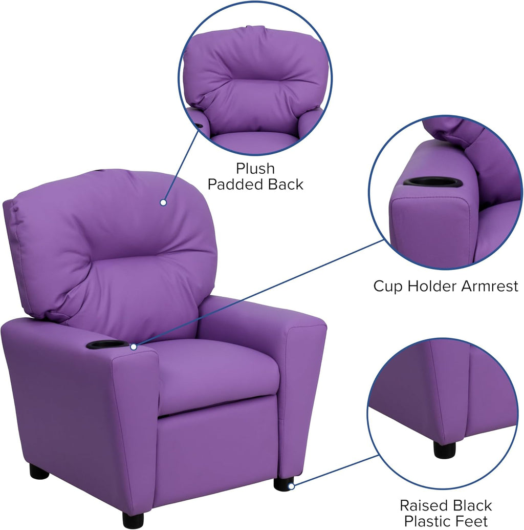 Flash Furniture Chandler Vinyl Kids Recliner with Cup Holder and Safety Recline, Contemporary Reclining Chair for Kids, Supports up to 90 lbs., Lavender