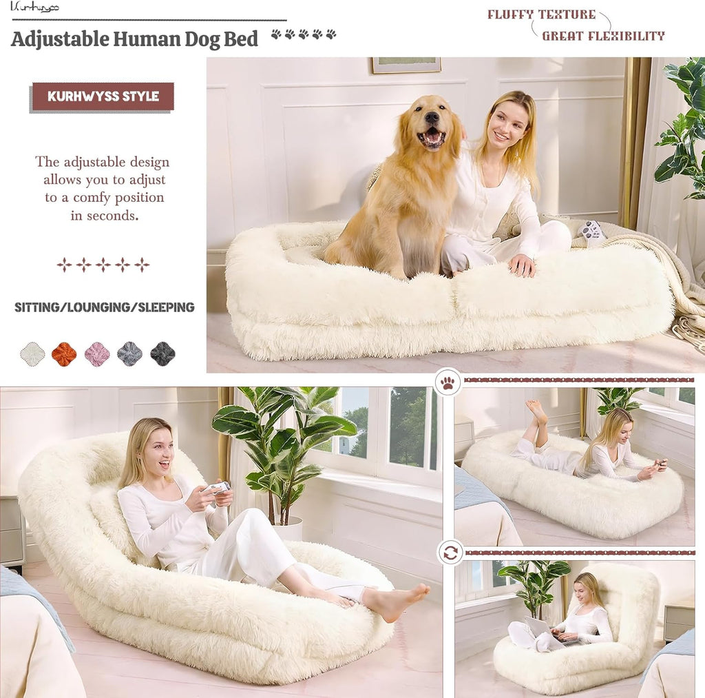 Upholstered Human Dog Bed for Adult & Pets, Convertible Lazy Sofa Bed with 5 Adjustable Position, Comfy Tatami Bean Bag Lounge Chair with a Soft Pillow for Bedroom Living Room (Beige Fluffy)