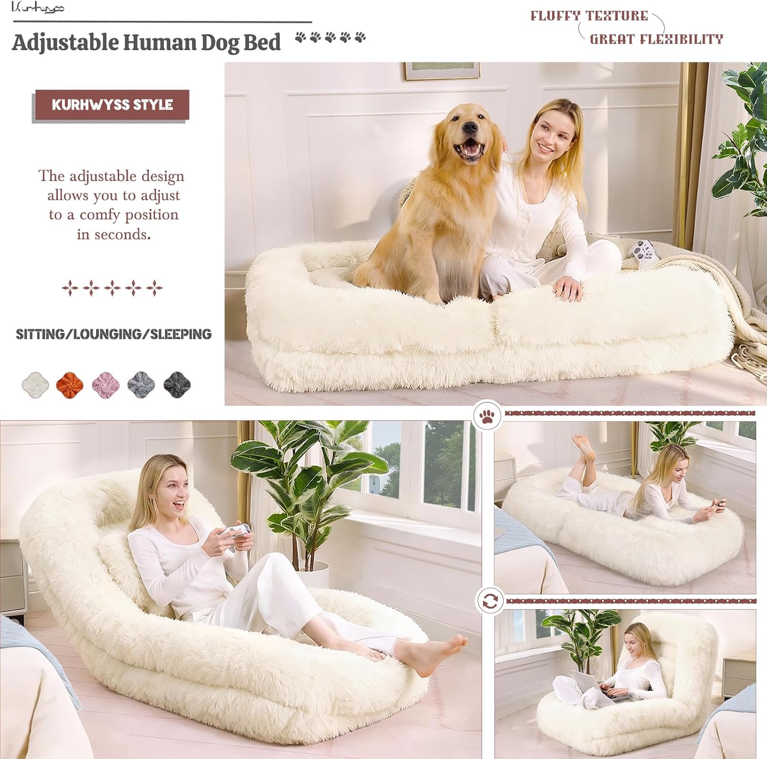 Upholstered Human Dog Bed for Adult & Pets, Convertible Lazy Sofa Bed with 5 Adjustable Position, Comfy Tatami Bean Bag Lounge Chair with a Soft Pillow for Bedroom Living Room (Beige Fluffy)