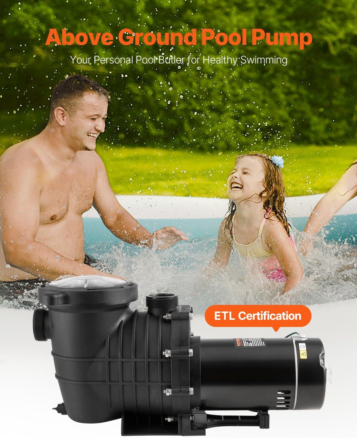 VEVOR Above Ground Pool Pump, 1HP, 80 GPM Max. Flow Single Speed Swimming Pool Pump, 110V/240V 3450RPM 34.4ft Max. Head Pool Pump with Filter Basket for Above Ground Pools, Hot Tubs, or Spas