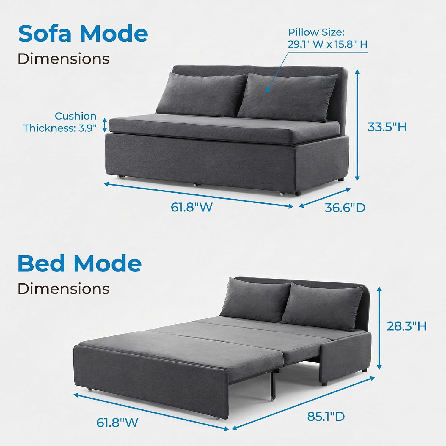 Mjkone 64' W Sofa Bed Queen Size with Pull Out Bed, 2-in-1 Modern Linen Living Room Pull Out Sleeper Sofa Couch Beds with Cushions &Throw Pillows for Apartment Office Studio Small Place, Dark Grey