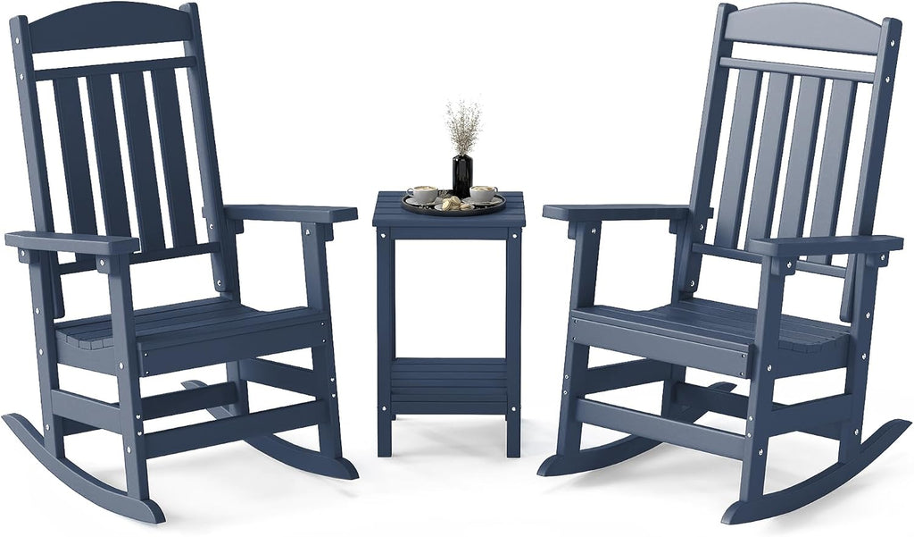 FOOWIN 3-Piece Outdoor Rocking Chairs Set, High Back Patio Rocker with Side Table, HDPE All Weather Resistant Oversized Rocking Chairs for Indoors, Porch, Patio, Backyard, Navy Blue