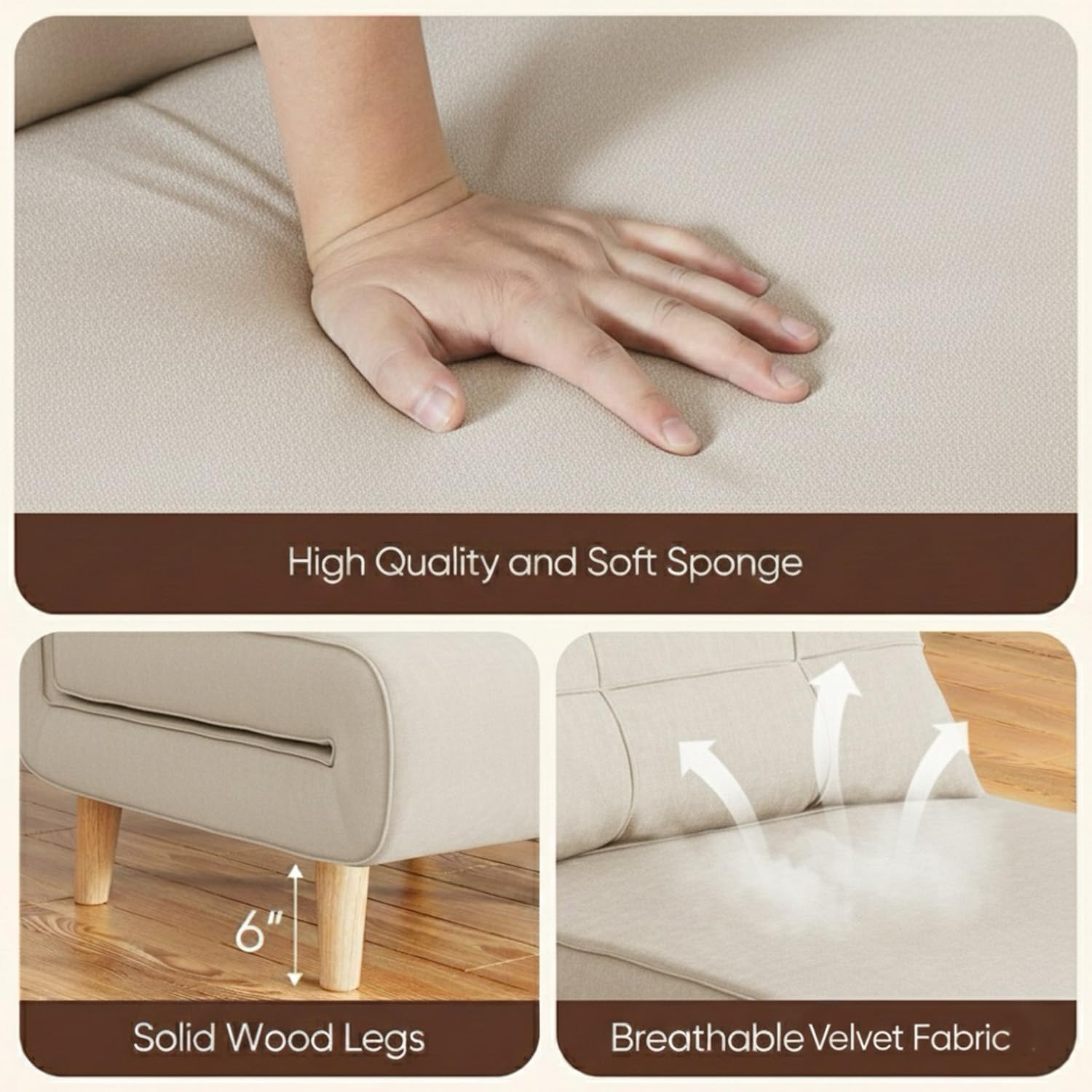 Ahomly 3 in 1 Convertible Sleeper Chair, Sofa Chair for Adults with 6 Angle Adjustable Backrest, Single Sleeper for Living Room/Apartment/Office, Beige