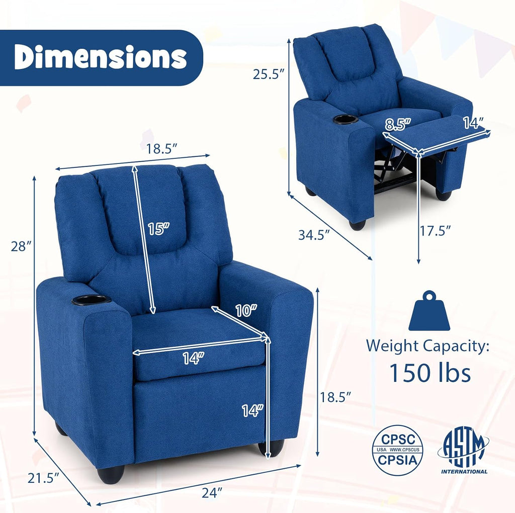 GLACER Kids Recliner with Cup Holder, Fabric Toddler Lounge Chair w/Adjustable Backrest & Footrest, Spring-Loaded Seat Cushion, Push Back Toddler Sofa for Boys & Girls Ages 3+ Years Old (Blue)