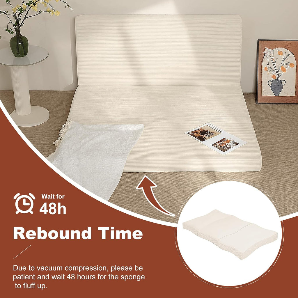 6-Inch Tri-Fold Foldable Mattress, Folding Sofa Bed with Removable Washable Cover, Portable Futon Mattress Full Size Floor Guest Mat with Non-Slip Bottom & Carry Handles for Camping (Beige, Full)