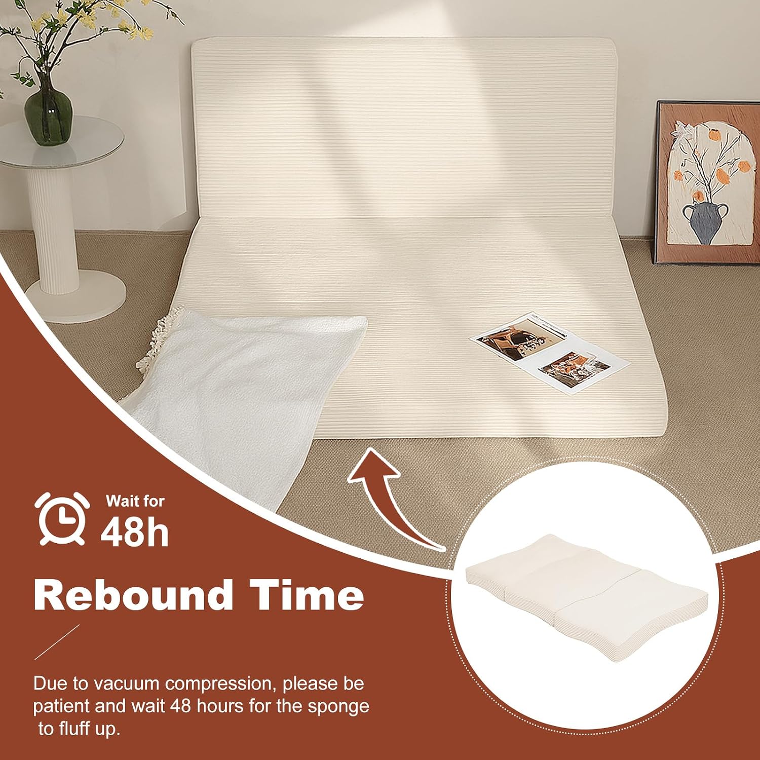 6-Inch Tri-Fold Foldable Mattress, Folding Sofa Bed with Removable Washable Cover, Portable Futon Mattress Full Size Floor Guest Mat with Non-Slip Bottom & Carry Handles for Camping (Beige, Full)