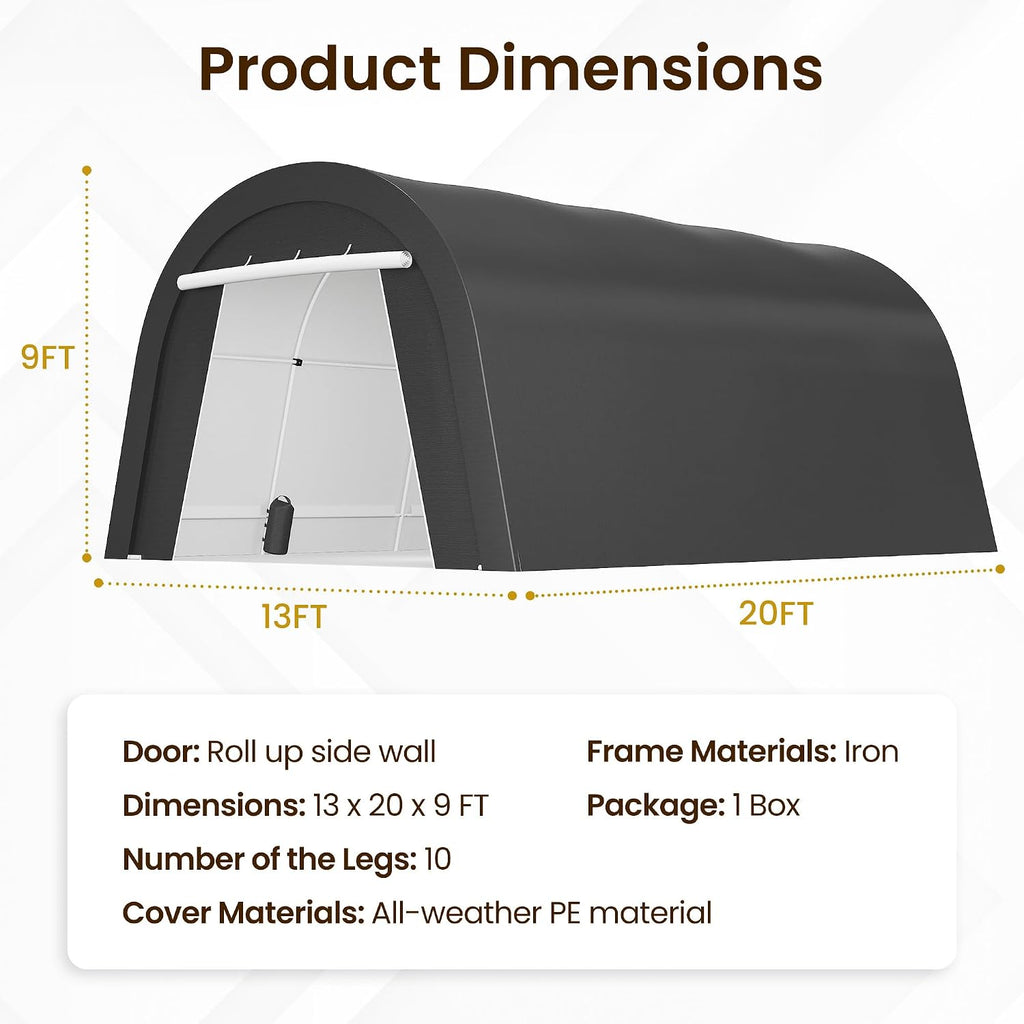Kiss the Water Domed Carport with 4 Cloth Bags, Portable Garage with 2 Roll-up Doors, Heavy Duty Car Canopy Party Tent, All-Season Storage Shelter Shed for Cars, Truck, or Garden Tools, 13' x 20'