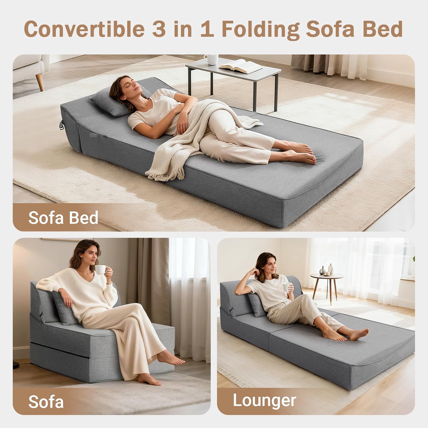 BeBen Folding Sofa Bed Chair, Convertible Sleeper Chair Futon Couch, Foldable Boneless Floor Lounge Sofa, Twin Foam Chair Bed for Small Spaces, Dorm, Guest Room, Living Room, Apartment, Dark Grey