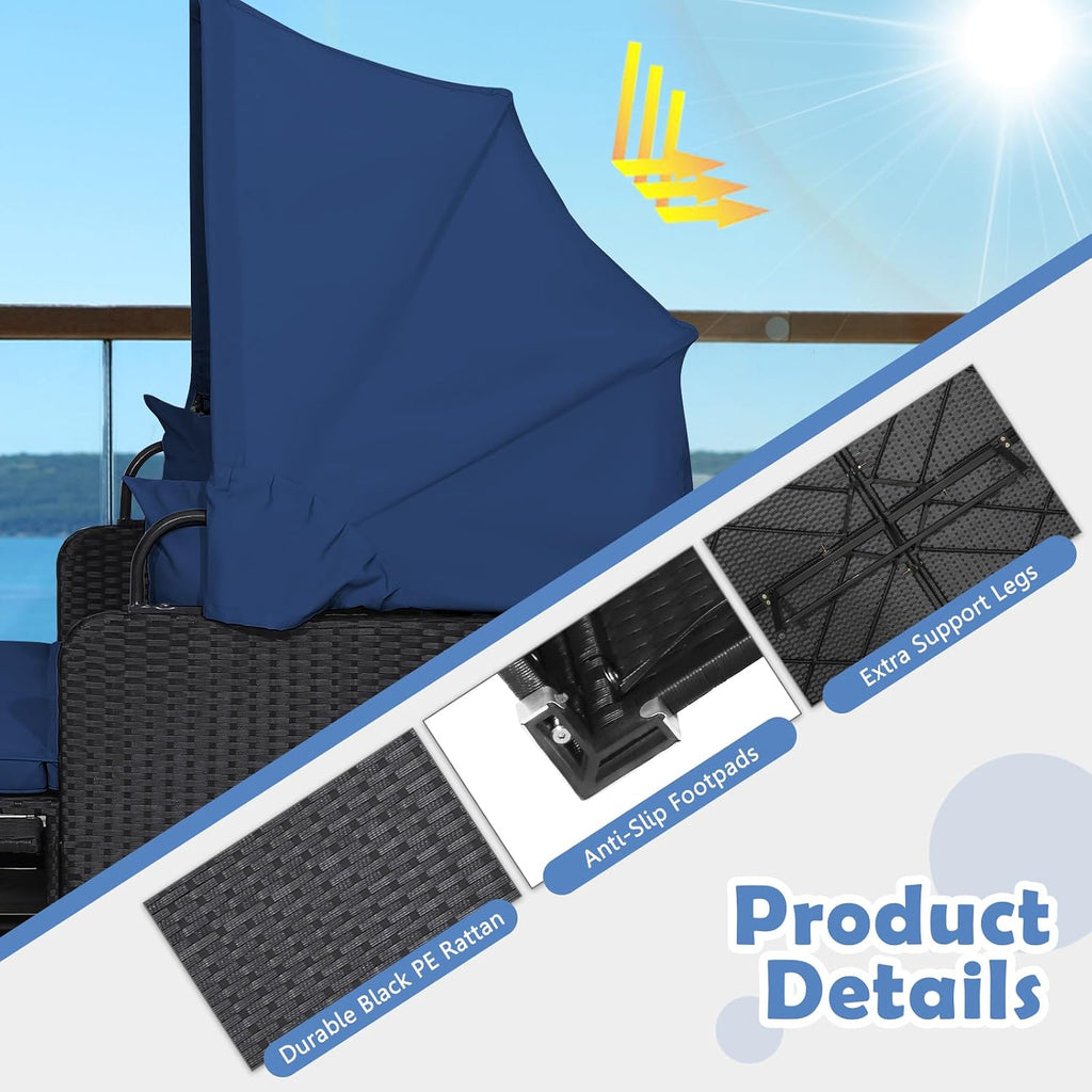 Tangkula Patio Rattan Daybed with Retractable Canopy, Outdoor Wicker Sunbed Lounger with 2 Foldable Side Tables, Thick Seat & Back Cushions, Outside Double Daybed for Garden, Backyard, Porch, Navy