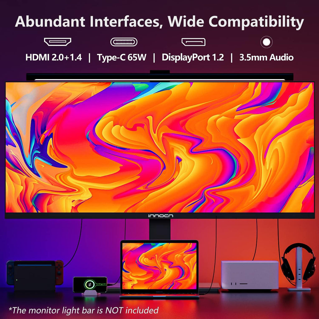 INNOCN 34' Ultrawide WQHD 3440 x 1440p 144hz PC Gaming Monitor Adaptive-Sync G-SYNC Compatible, USB C, HDMI 2.0, DP 1.4, USB Hub, PIP/PBP, Built-in Speaker, Height Adjustable, Eye Care