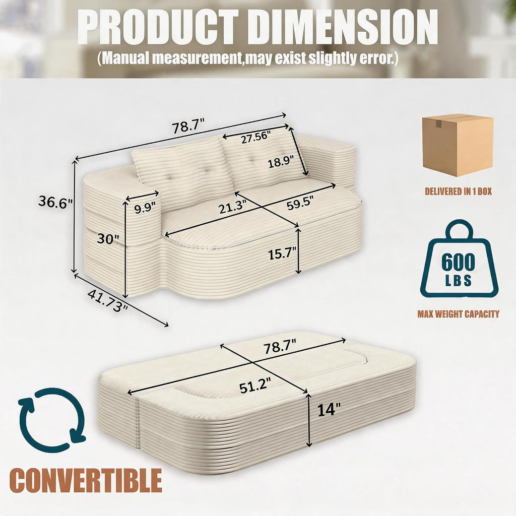 78.7-inch Folding futon Sofa Bed, Full-Size Convertible Sleeper Couch Bed, Memory Sponge Double Sofa with Comfortable Mattress, Suitable for Living Room and Guest Room (beige, 78.7 inches)