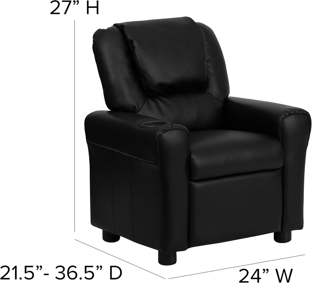 EMMA + OLIVER Black LeatherSoft Kids Recliner with Cup Holder and Headrest
