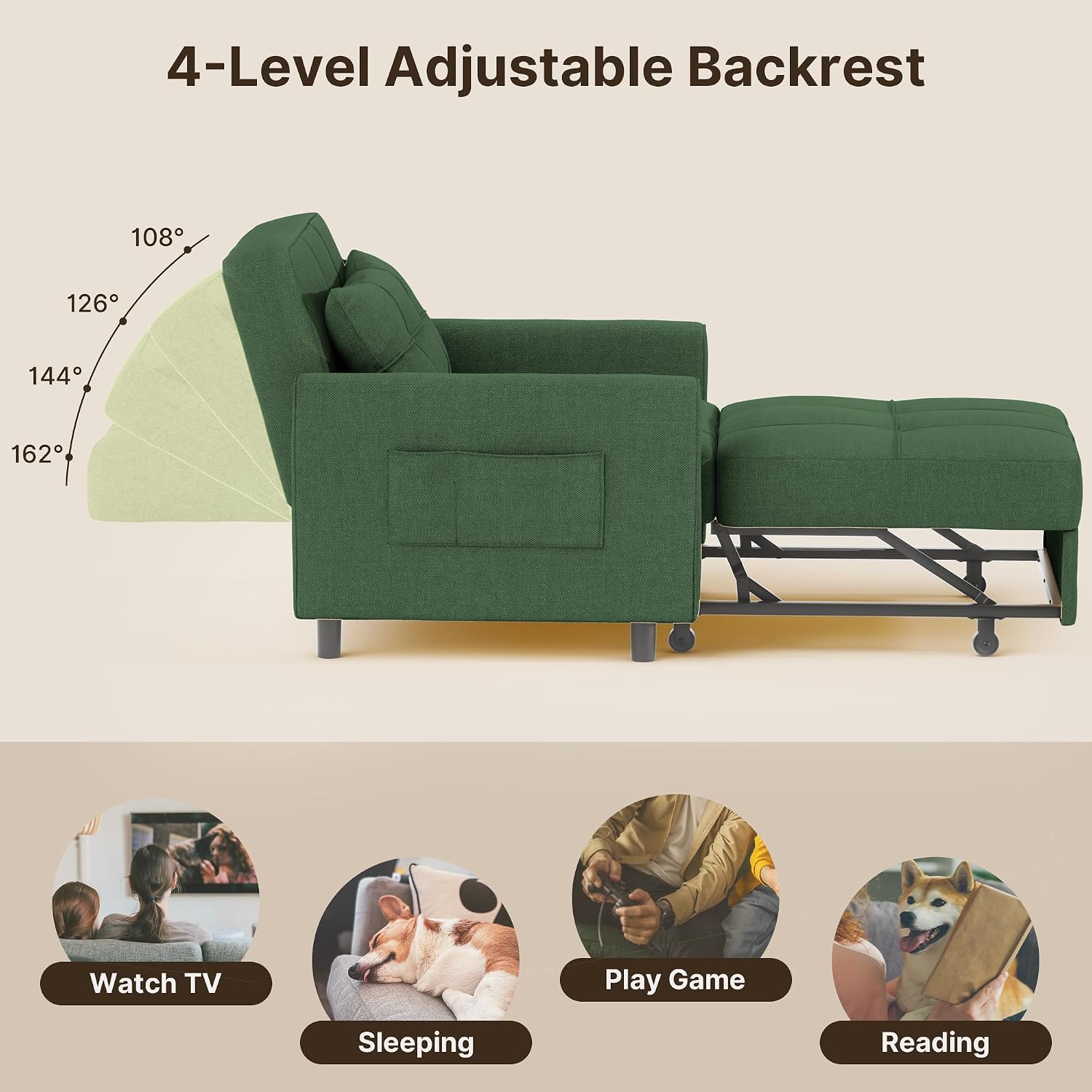 Gizoon Sofa Bed Chair 3 in 1 Convertible, Pullout Single Sleeper Chair Bed with Adjustable Backrest, Spacious Multifunctional Sofa Couches for Living Room, Bedroom, Apartment