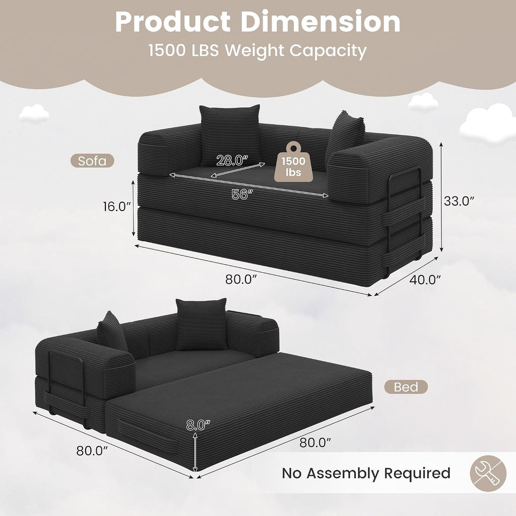 80' Convertible Sofa Bed, 5 in 1 Modular Boneless Couch Sleeper Sofa Bed with Fixed Frame & Removable Backrest Pillow, Washable Corduroy Futon Sofa Bed Couch in a Box for Small Spaces, Dark Black