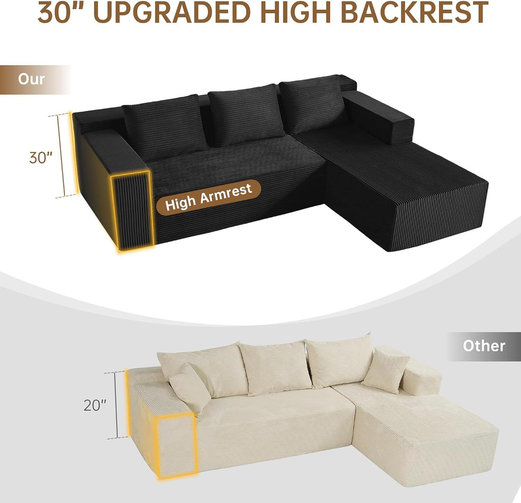 Nigoone 103' Cloud Sectional Sofa, Boneless L-Shape Couch with Chaise, Modern Minimalist Modular Couch for Living Room, Free Combination, Deep Seat, No Assembly Required, Premium Corduroy, Black, R