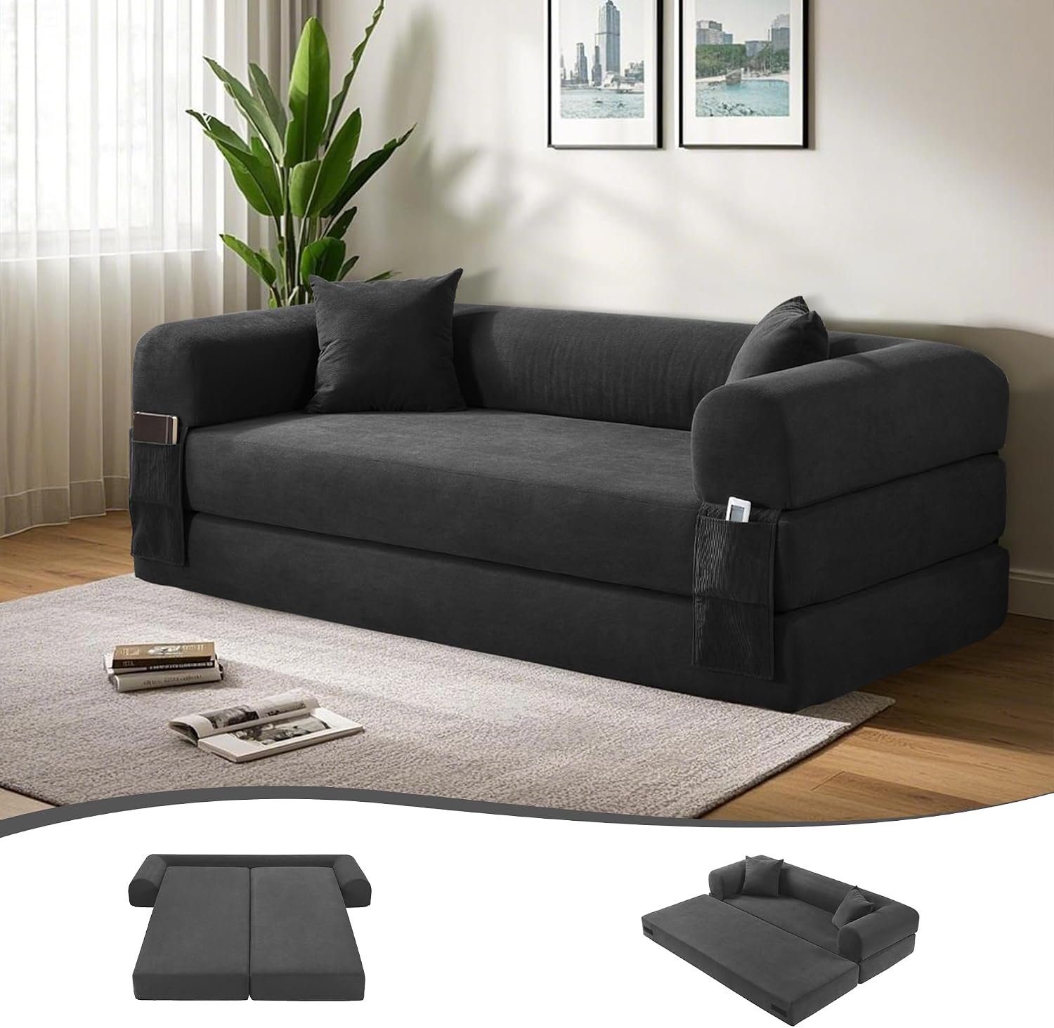 80' Convertible Sofa Bed, 3-in-1 Corduroy Folding Pull Out Couch with Pillows, No Assembly Modern Boneless Couch Compression Sofa in Box, Floor Sofa with Side Storage Pocket for Living Room,Dark Grey