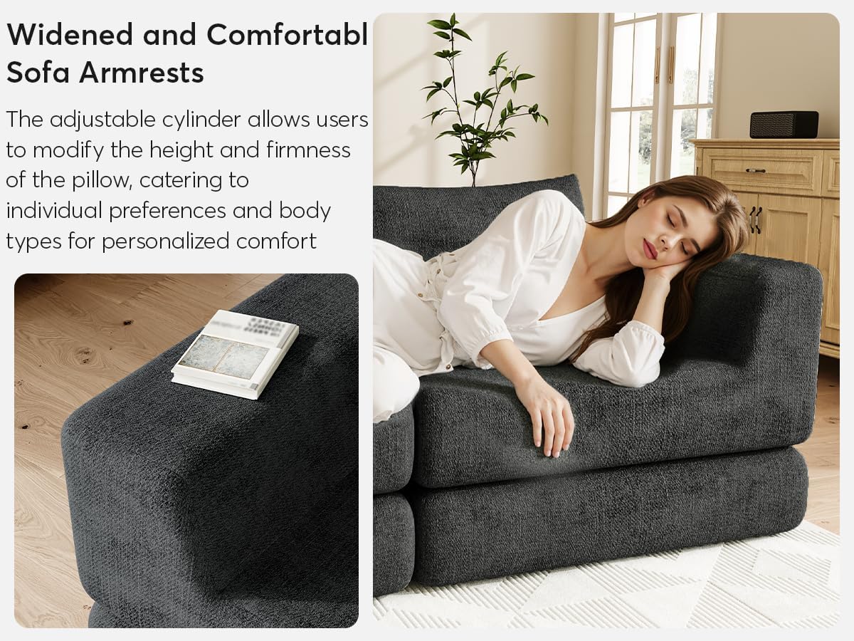 Chenille Convertible Futon Sofa Bed – Folding Iron Frame Sleeper Couch with Adjustable Backrest, Loveseat Recliner for Living Room, Apartment,(Dark Gray)
