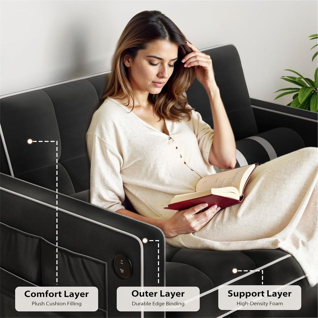 Pipishell 3 in 1 Sleeper Sofa Bed, Pull Out Couch for Living Room with USB Ports & Side Pockets, Adjustable Backrest, Convertible Loveseat Sofa Bed, Futon Couches, Charcoal Black Velvet