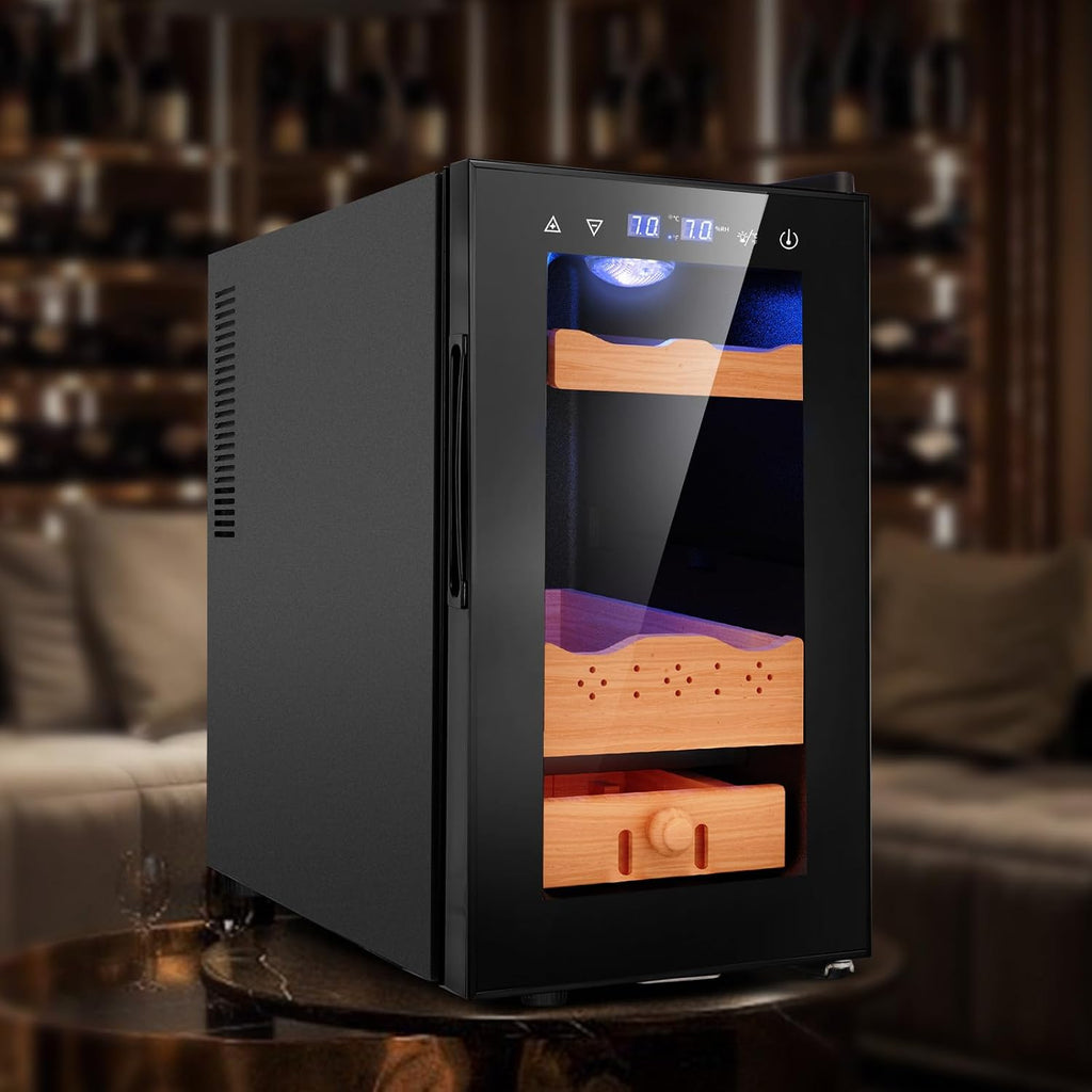 25L Electric Humidor,150 Counts Thermostatic Cooling Humidor Cabinet with Spanish Cedar Wood Shelves, Digital LED Screen, Safety Lock, Gifts for Men