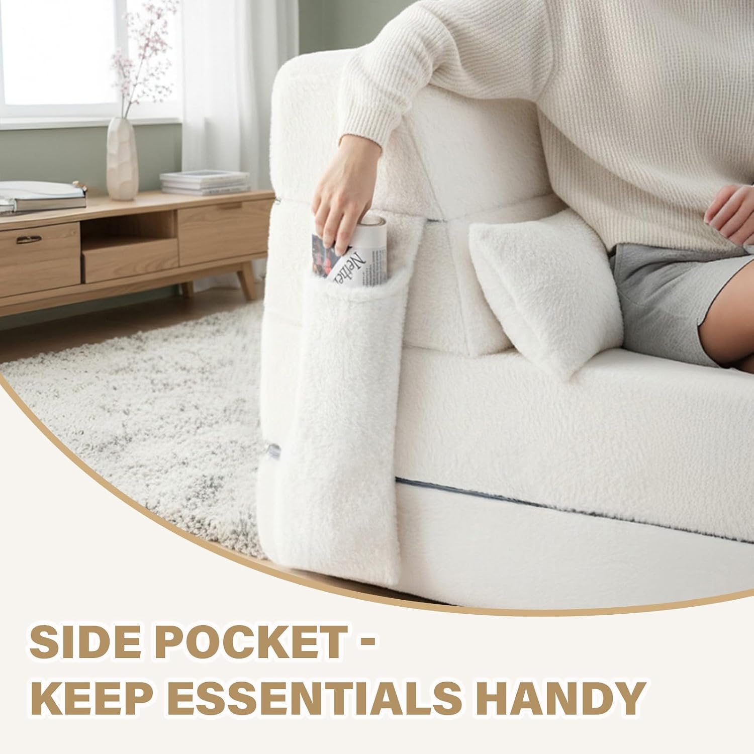 Tiita Convertible Folding Sofa Bed Single Size for Adults with Pillow, Plush Fabric Floor Mattress Couch Bed, Washable Cover & Side Pocket, Guest Room, Dorm, Apartment, Living Room, Beige