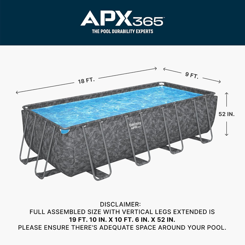 Bestway APX 365 18' x 9' x 52' Above Ground Pool, Rectangular Metal Frame Outdoor Swimming Pool Set with Sand Filter Pump, Ladder, and Cover, Dark Marble