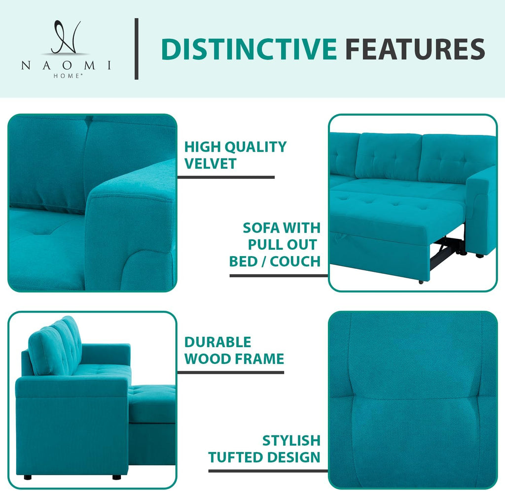 Naomi Home L Shaped Sectional Couch with Storage & Pull Out Bed – 3-in-1 Convertible Sleeper Sofa Bed, Small L Shape Sofa for Living Room, Sofa Bed with Storage Chaise in Teal, Velvet