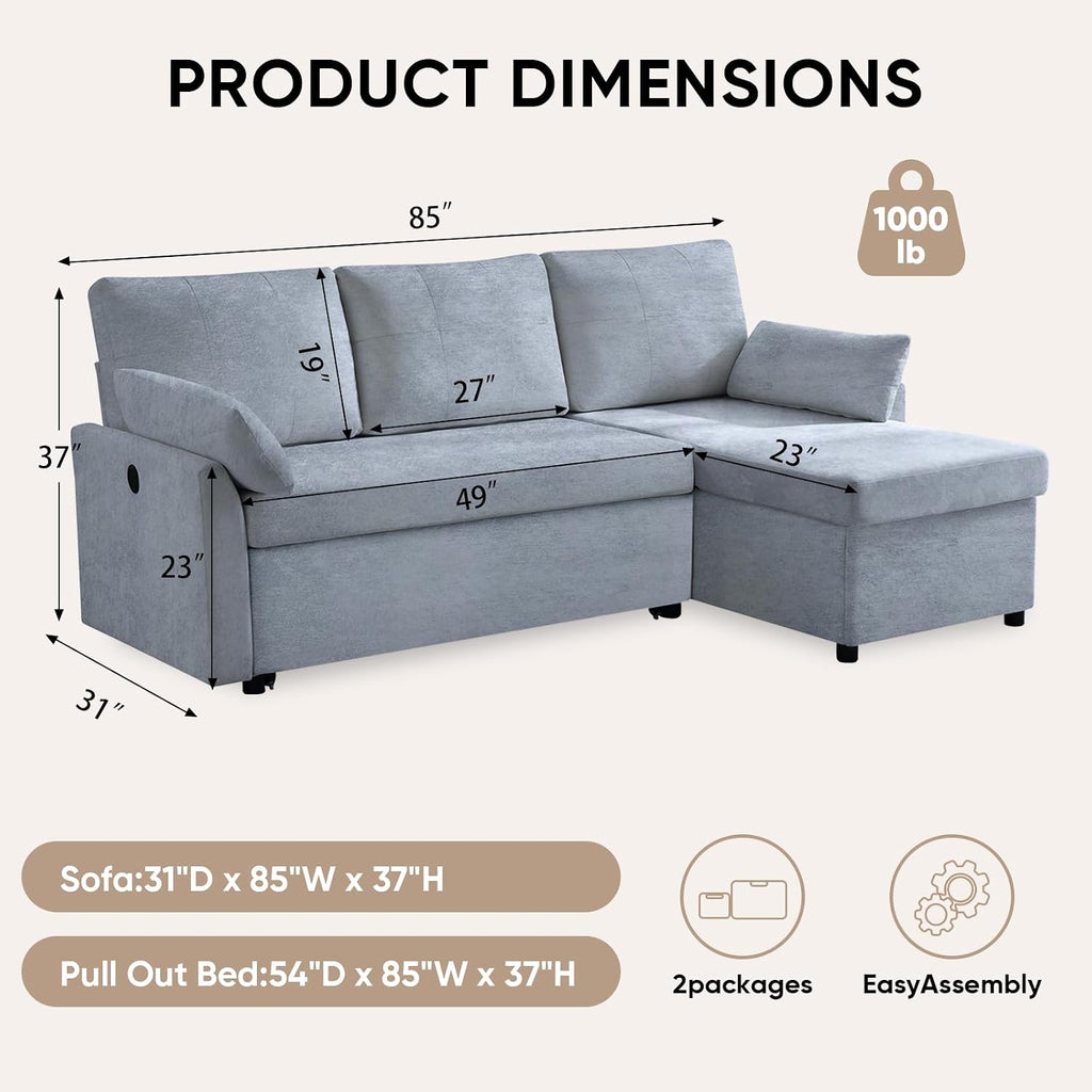 Waxberry 85' L Shaped Sectional Sofa Couch, Pull Out Couch Sleeper Sofa Bed for Living Room, Modular Chenille Deep Seat Sofa, Reversible Chaise, Storage, Side Pockets & Dual USB/Type-C Ports, Gray