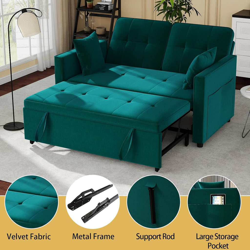 Green Convertible Sofa Bed: 3 in 1 Sleeper Sofa Couch Bed, Pull Out Couch with Adjustable Backrest, Velvet Convertible Loveseat Sleeper, for Living Room (Green)