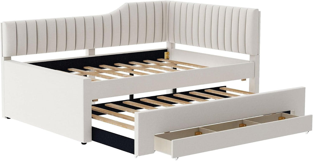 Merax Full Size Upholstered Wood Daybed Extendable Sofa Bed with Trundle and Three Storage Drawers for Living Room Guest Room, Beige