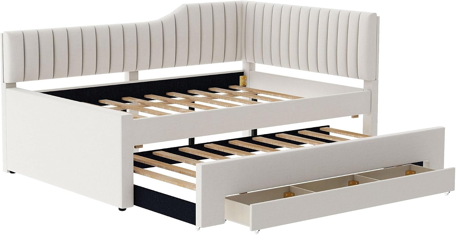 Merax Full Size Upholstered Wood Daybed Extendable Sofa Bed with Trundle and Three Storage Drawers for Living Room Guest Room, Beige