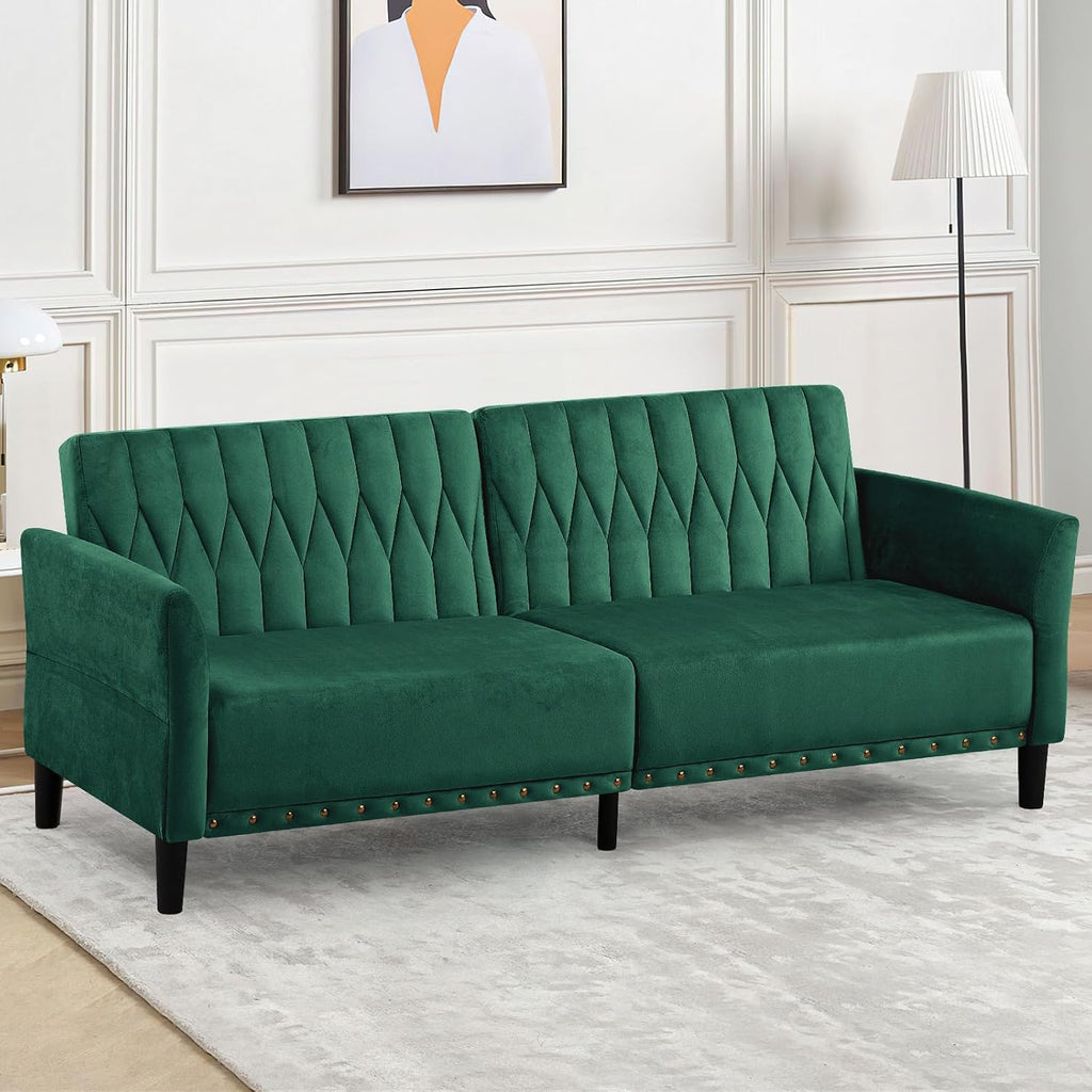 77' Velvet Sleeper Couch with Adjustable Backrests & Armrests, Modern Sofa Bed with Nailhead Trim, Tufted Loveseat Sofa with Deeper Seat for Living Room,Office,Green