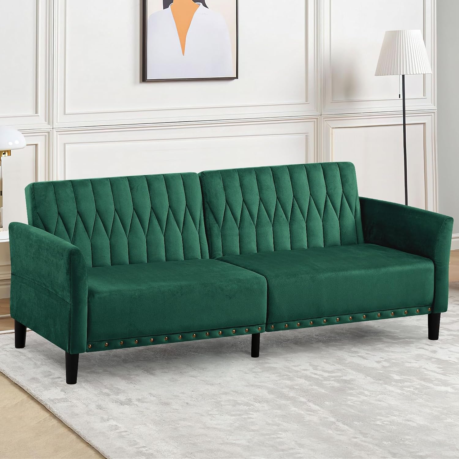 77' Velvet Sleeper Couch with Adjustable Backrests & Armrests, Modern Sofa Bed with Nailhead Trim, Tufted Loveseat Sofa with Deeper Seat for Living Room,Office,Green