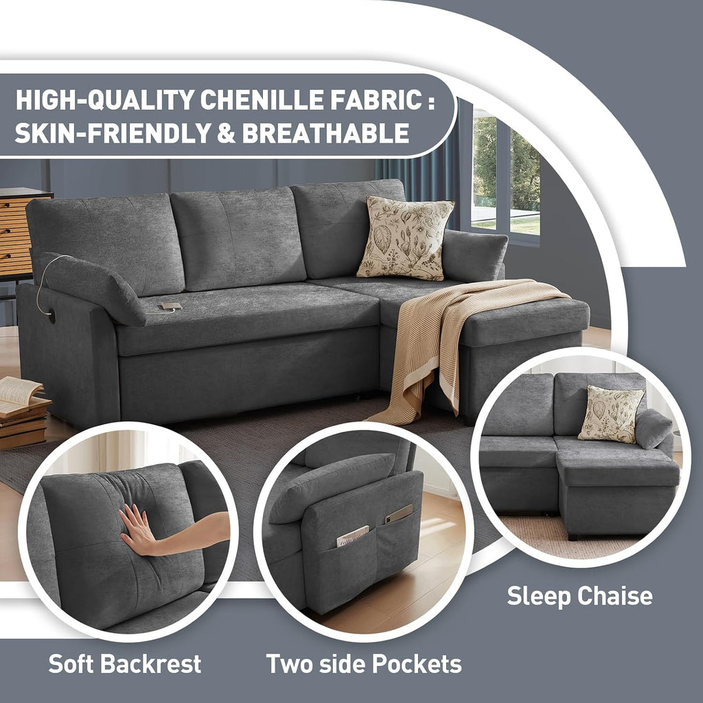 Waxberry 85' L Shaped Sectional Sofa Couch, Pull Out Couch Sleeper Sofa Bed for Living Room, Modular Chenille Deep Seat Sofa, Reversible Chaise, Storage, Side Pockets & USB/Type-C Ports, Dark Gray