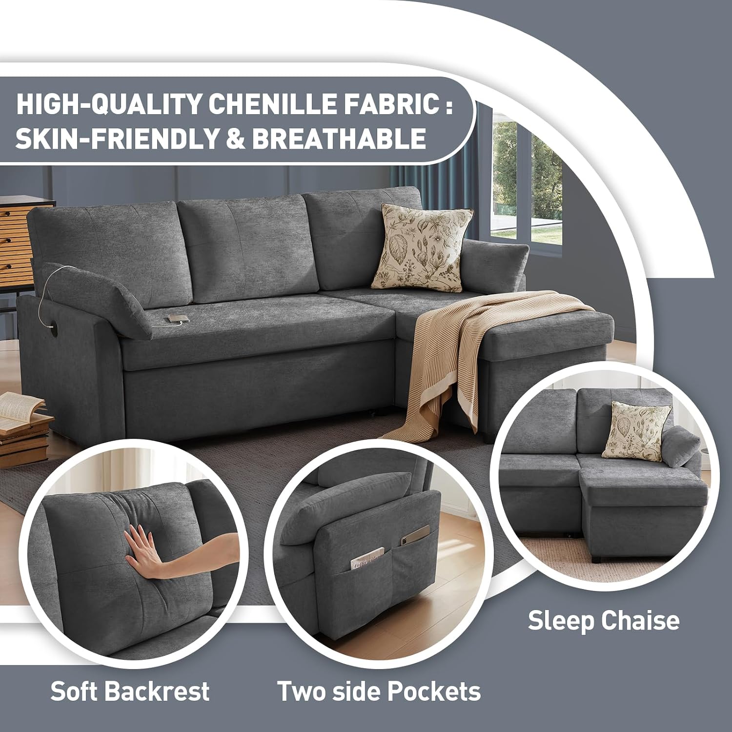 Waxberry 85' L Shaped Sectional Sofa Couch, Pull Out Couch Sleeper Sofa Bed for Living Room, Modular Chenille Deep Seat Sofa, Reversible Chaise, Storage, Side Pockets & USB/Type-C Ports, Dark Gray