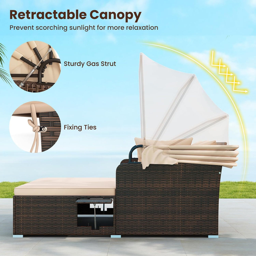 Tangkula Patio Rattan Daybed with Retractable Canopy, Outdoor Wicker Sunbed with 2 Foldable Side Tables, Thick Seat & Back Cushions, Outside Double Daybed for Garden, Backyard, Porch, Beige & Brown