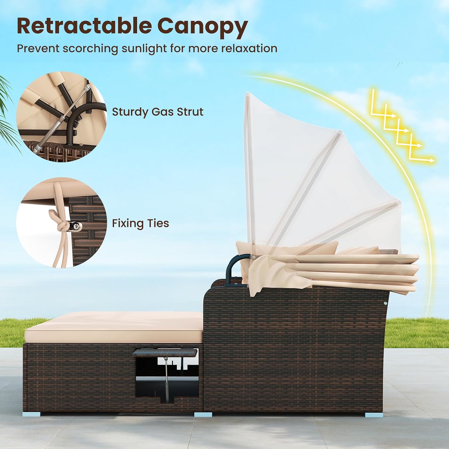 Tangkula Patio Rattan Daybed with Retractable Canopy, Outdoor Wicker Sunbed with 2 Foldable Side Tables, Thick Seat & Back Cushions, Outside Double Daybed for Garden, Backyard, Porch, Beige & Brown
