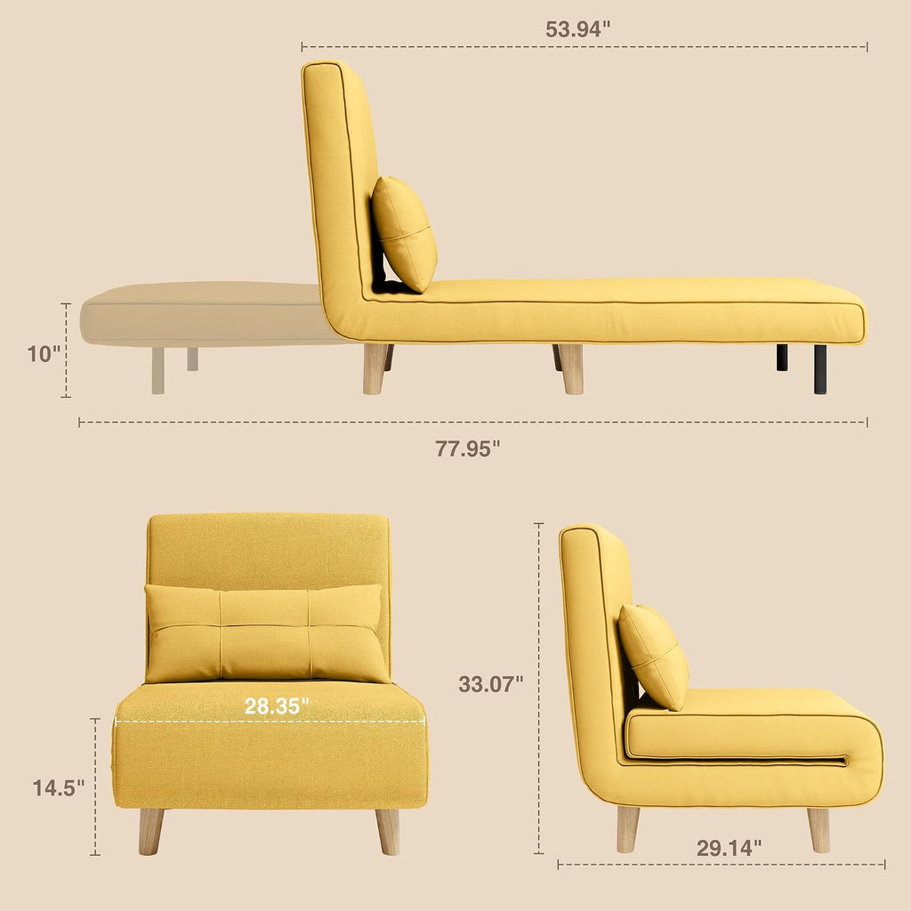 Aiho Futon Sofa Bed, 3-in-1 Convertible Sleeper Chair Bed, Futon Chair with 6-Level Adjustable Backrest and Pillow for Apartment Dorm, Office, Linen Yellow