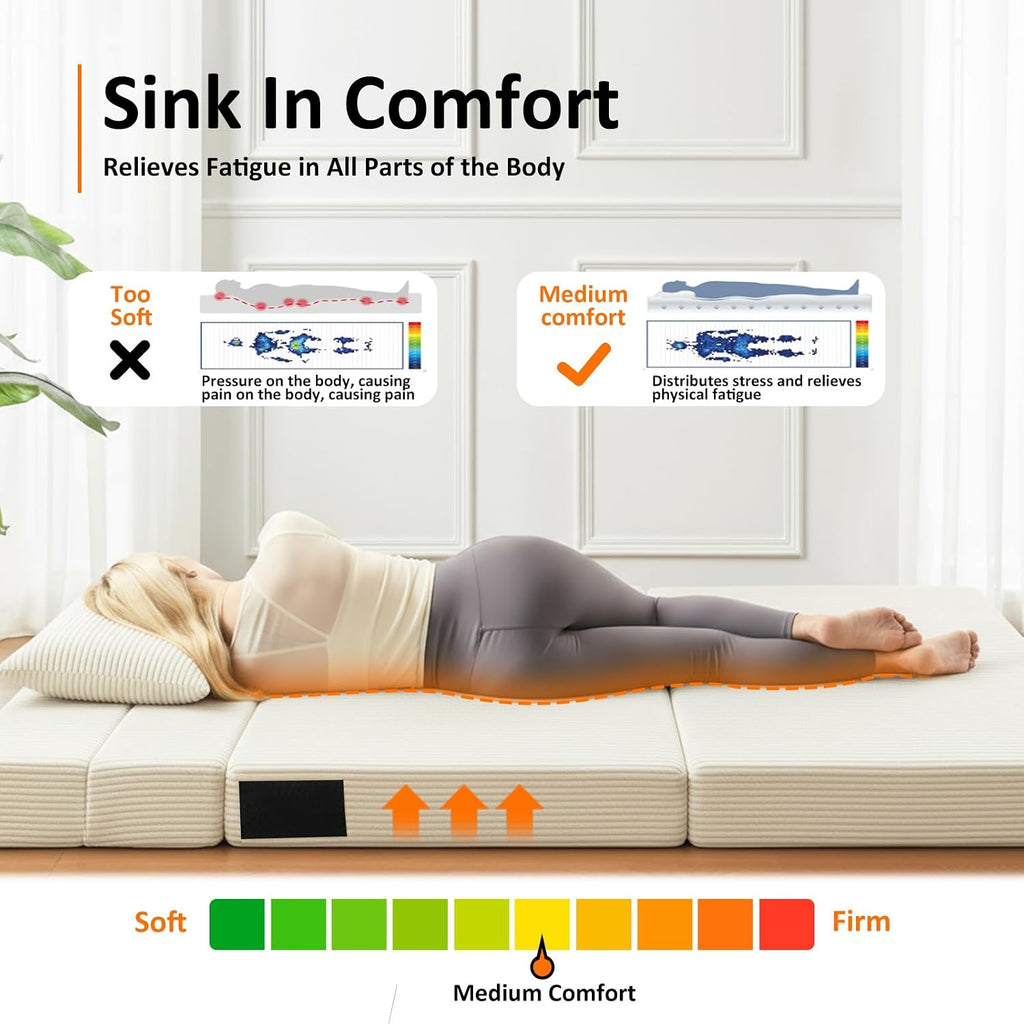 JKMAX Twin Size Folding Sofa Bed - 4 in 1 Convertible Sleeper Chair with Pillow - High Density Memory Foam Futon Couch - Foldable Bed for Living Room Bedroom (Beige)