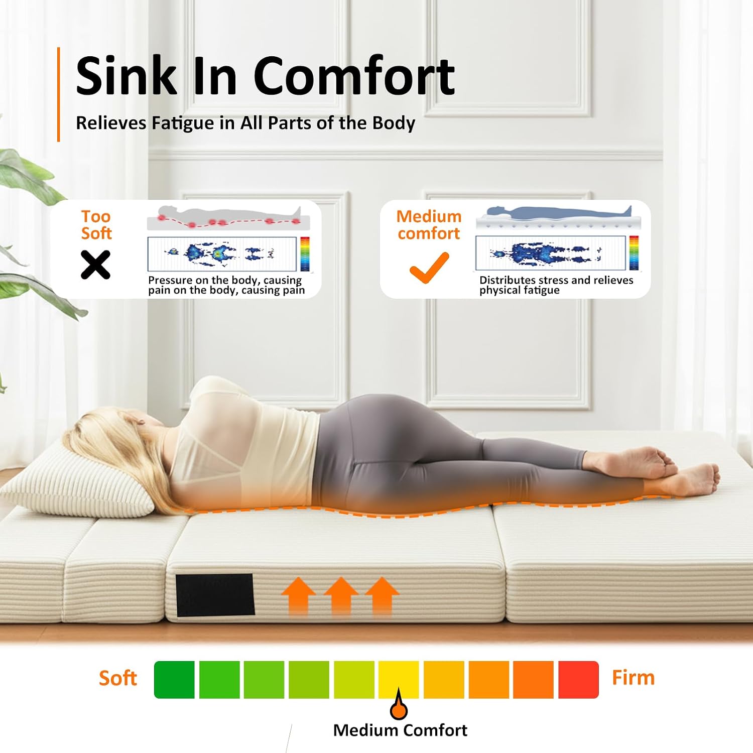 JKMAX Queen Size Folding Sofa Bed - 4 in 1 Convertible Sleeper Chair with Two Pillows - High Density Memory Foam Futon Couch - Foldable Bed for Living Room Bedroom (Beige)