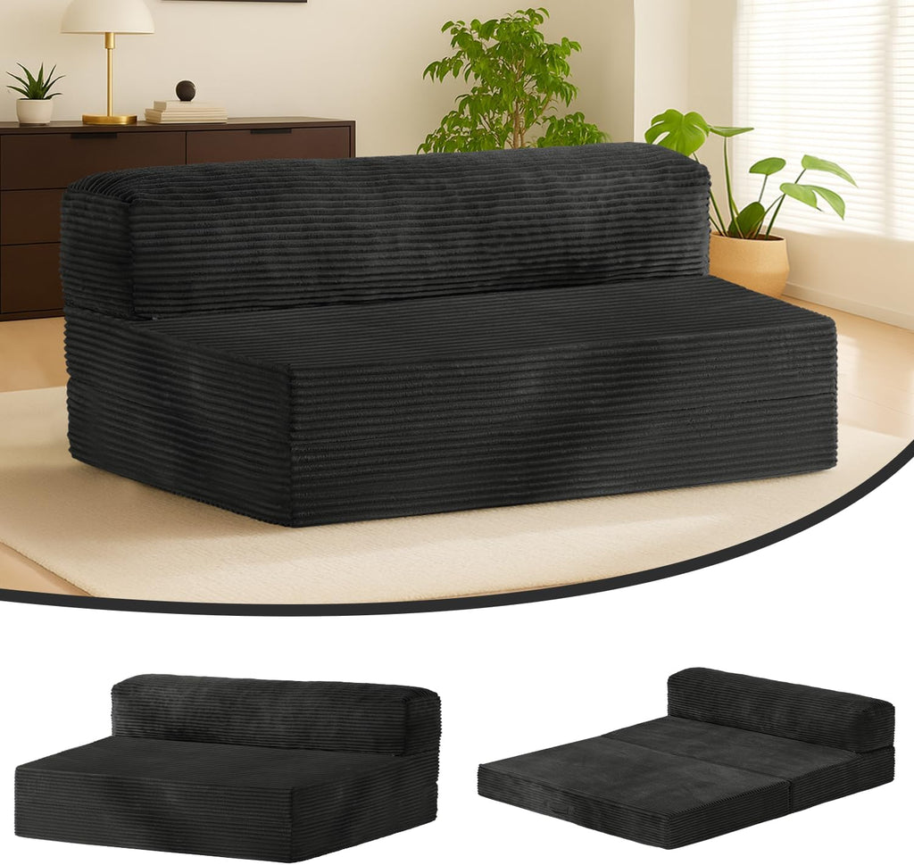 Folding Futon Sofa Bed Full Size, 6 inch Convertible Floor Couch Bed with Removable Corduroy Cover, Pull Out Couch for Small Spaces High-Density Foam,Black