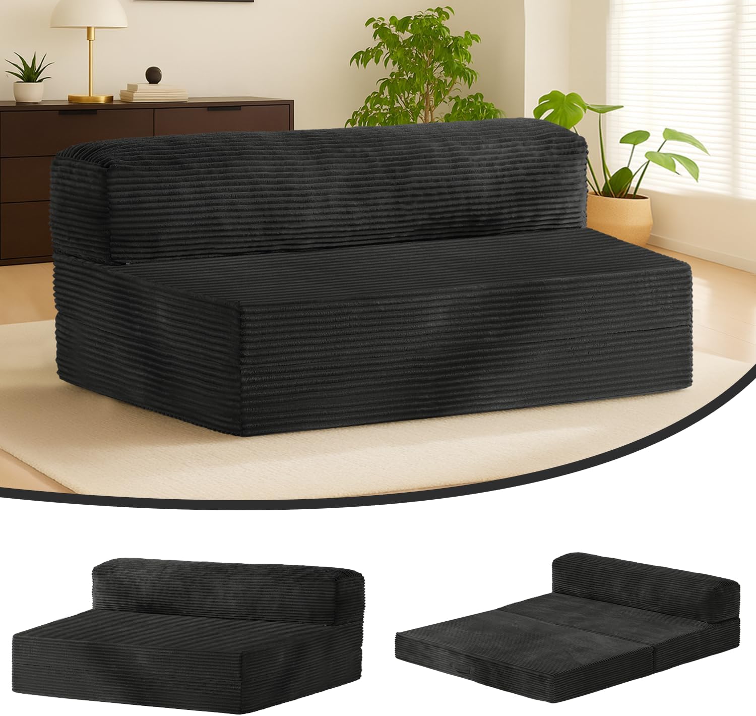 Folding Futon Sofa Bed Full Size, 6 inch Convertible Floor Couch Bed with Removable Corduroy Cover, Pull Out Couch for Small Spaces High-Density Foam,Black