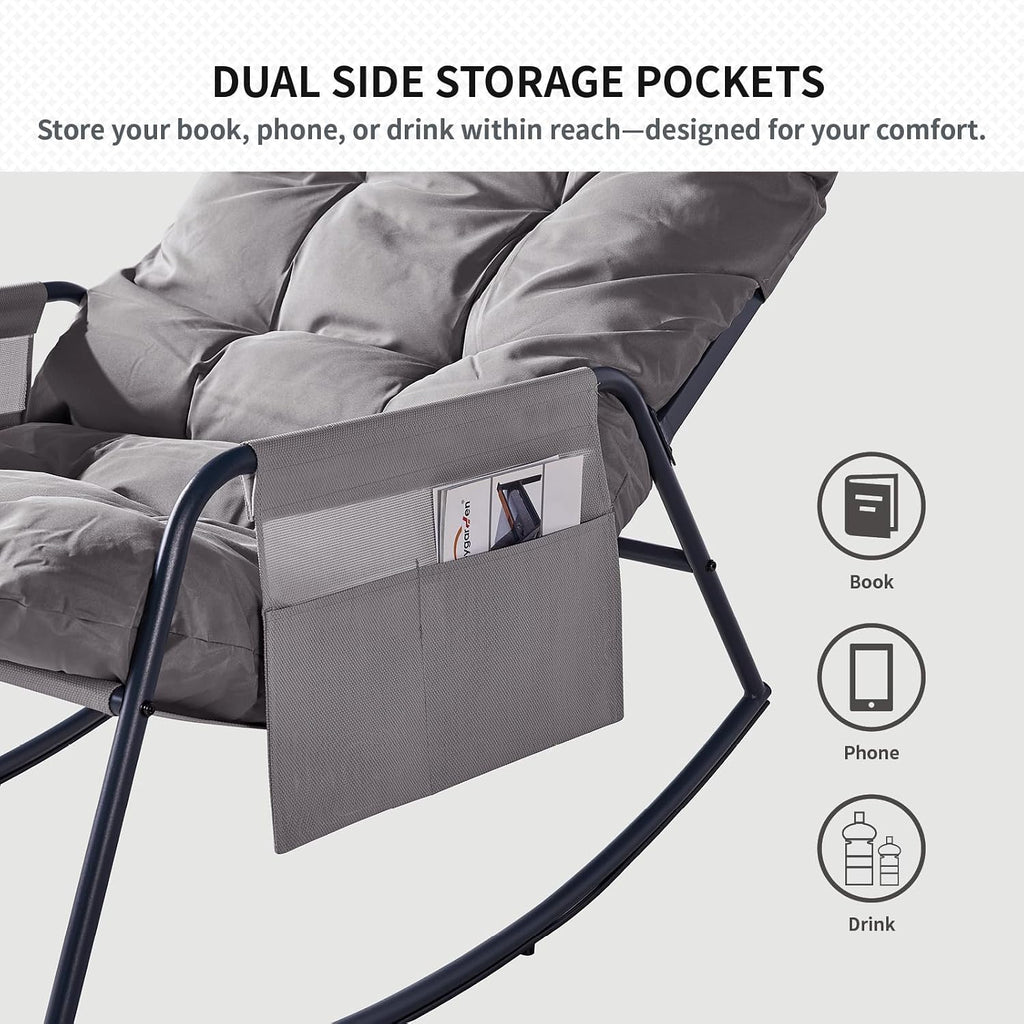 Outdoor Rocking Chair, Modern Cozy Lounge Patio Rocker, Indoor Reading Chair with Side Pockets, Anti-Slip Base for Bedroom, Living Room, Porch, Garden, Lawn