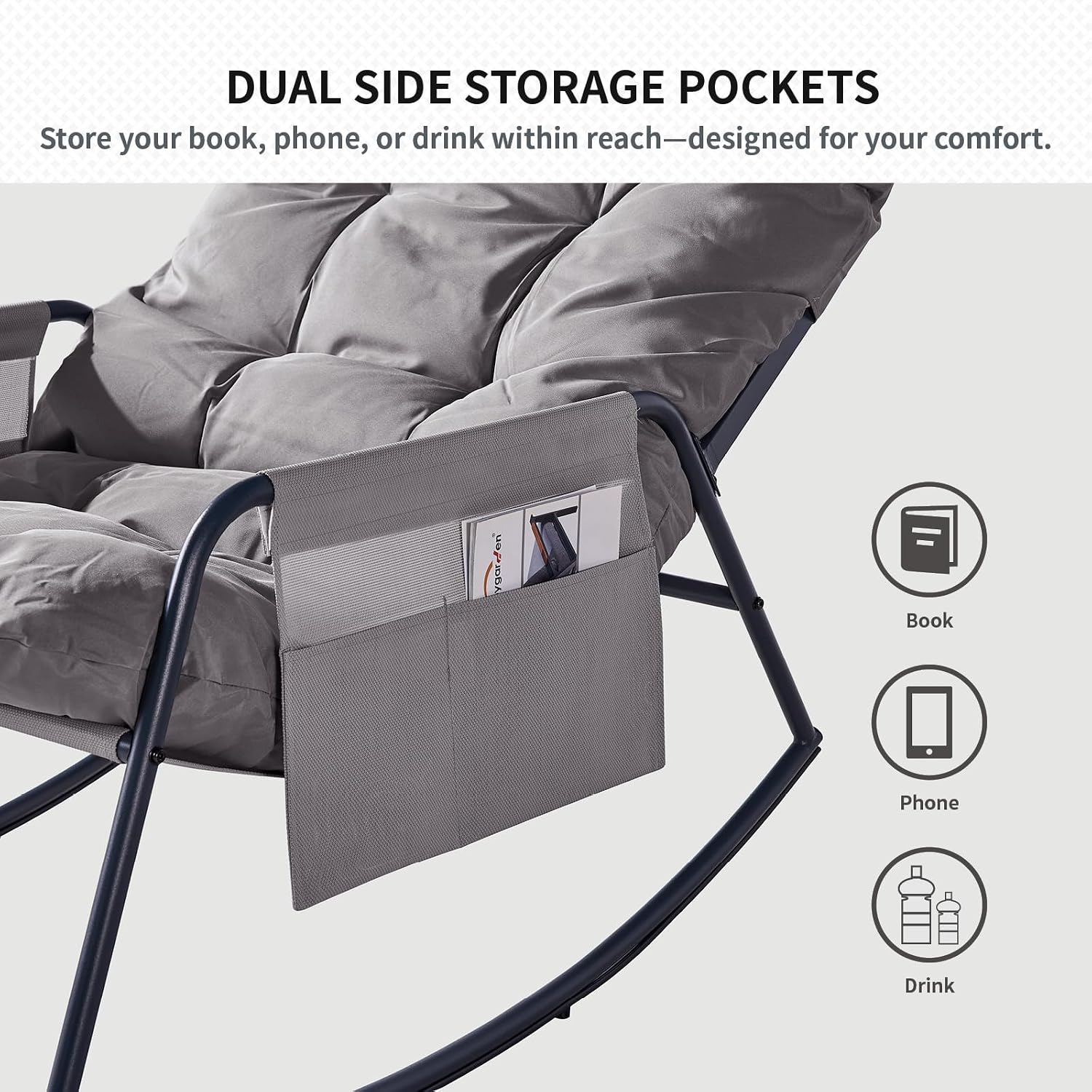 Outdoor Rocking Chair, Modern Cozy Lounge Patio Rocker, Indoor Reading Chair with Side Pockets, Anti-Slip Base for Bedroom, Living Room, Porch, Garden, Lawn