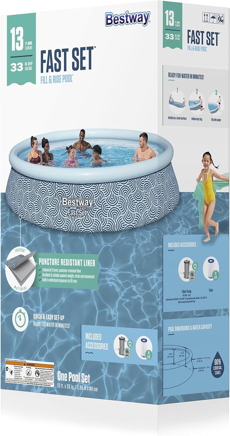 Bestway Fast Set 13' x 33' Round Inflatable Above Ground Swimming Pool Set, Outdoor Family Pool with Filter Pump, Rattan Print