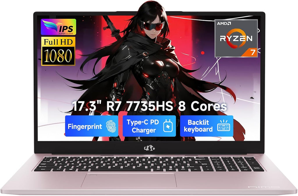 NIMO 17.3' Gaming-Laptop, AMD Ryzen 7 7735HS 16GB DDR5 RAM 512GB SSD (8C/16T, Beats i7-12650H) Business Computer with Radeon 680M, 100W Type-C, WiFi-6E, 75Wh Battery Fingerprint Backlit Keyboard