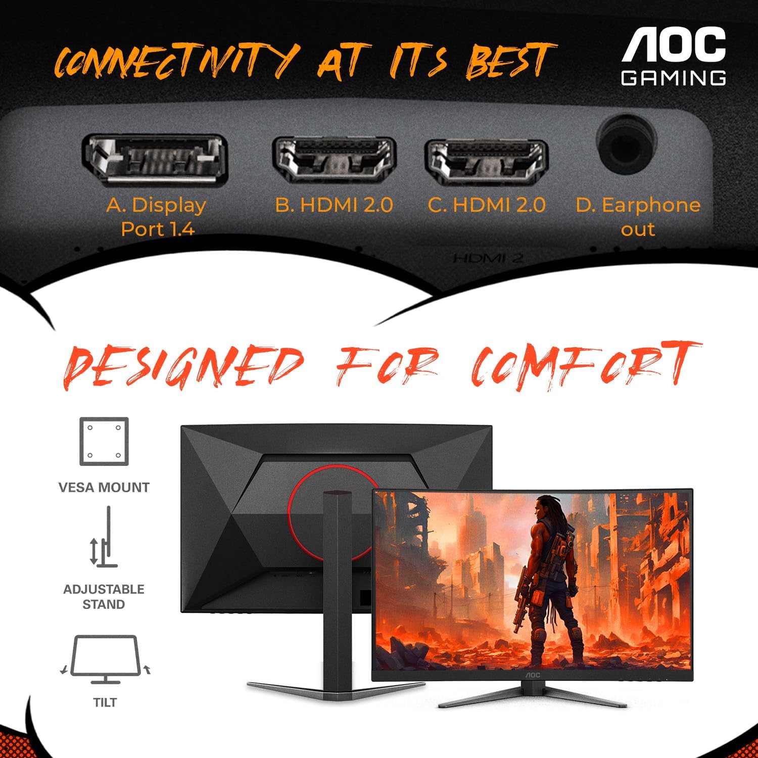 AOC CQ27G4H 27' Curved Gaming Monitor, QHD 2K 2560x1440, 1500R VA, 180Hz 0.5ms, AMD FreeSync Premium, Height Adjustable Stand, Xbox PS5 Switch Compatiable, 3-Year Zero-Bright-dot