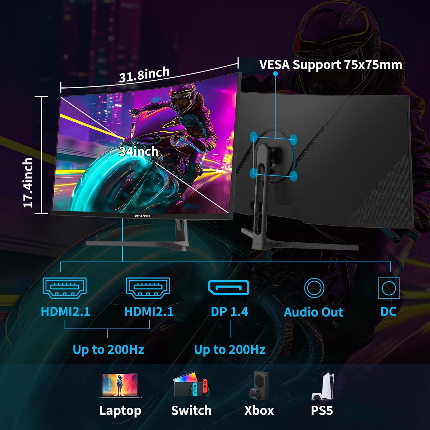 SANSUI 34-Inch Curved Gaming Monitor UWQHD 3440 x 1440P Up to 200Hz 165Hz Curved 1500R - PIP/PBP, OD 1ms, HDR, 300nits, sRGB 130%, DCI-P3 97%,AI Crosshair,HDMI2.1x2,DP1.4(Cable Included)