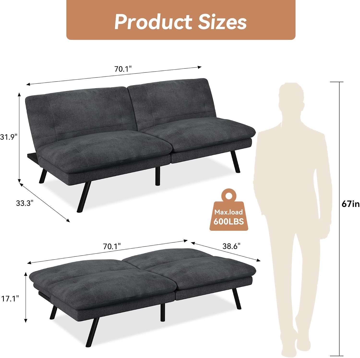 Futon Sofa Bed Convertible Couch, Black Linen Sofa Bed with Adjustable Backrest, Multifunctional Small Loveseat Sleeper Sofa for Living Room, Apartment, Office